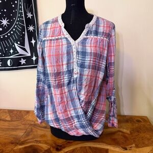 Vintage America Top Womens  Sz M Pink Blue Plaid Long Sleeve 100% Cotton Wrap
